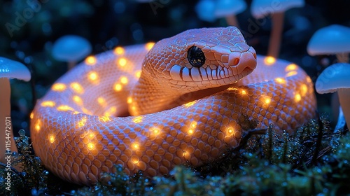   Close-up photo of a snake with a light on its head amidst a backdrop of mushrooms photo