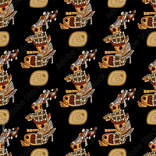 Seamless ethnic pattern with seated Mayan men. On black background.