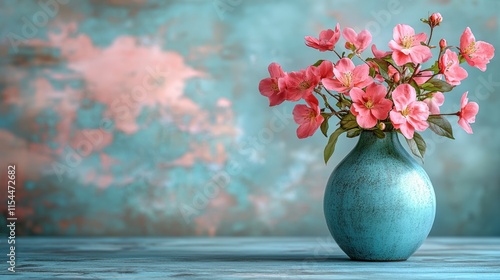 Wallpaper Mural Pink flowers in a teal vase on a rustic wooden table against a textured teal background. Torontodigital.ca