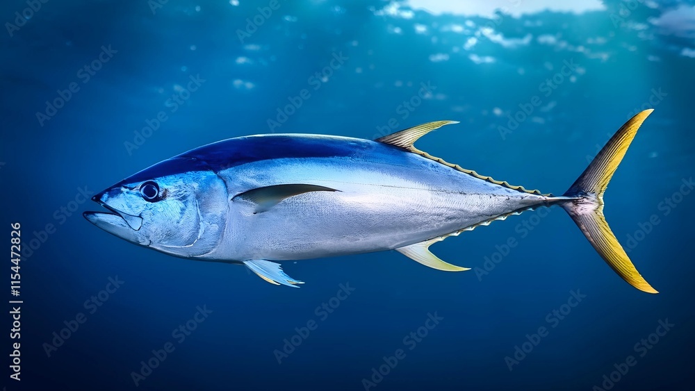 Fototapeta premium This captivating image showcases an Albacore Tuna swimming gracefully in its natural ocean habitat