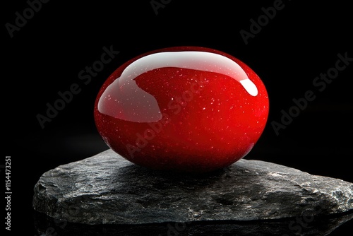 A glossy, red, oval-shaped object rests on a dark grey stone. photo