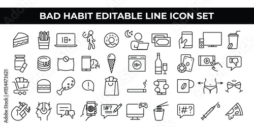 Bad Habit Icon Set with editable line icons for smoking, overeating, and lifestyle habits. Ideal for health awareness campaigns, educational materials, and digital content on behavioral improvements.