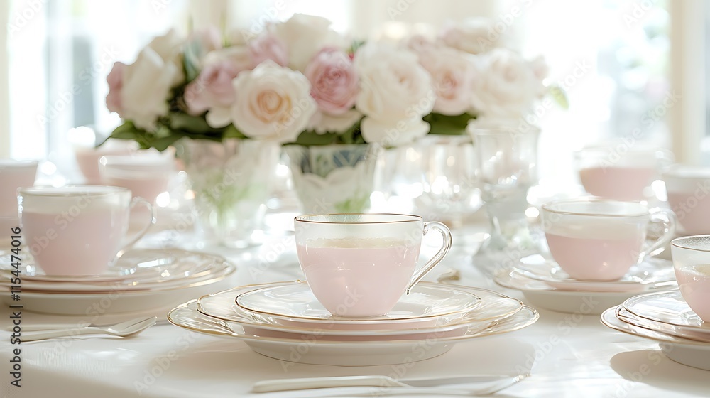 Elegant pink teacups and roses on a table. Elegant pink teacups and roses on a table.