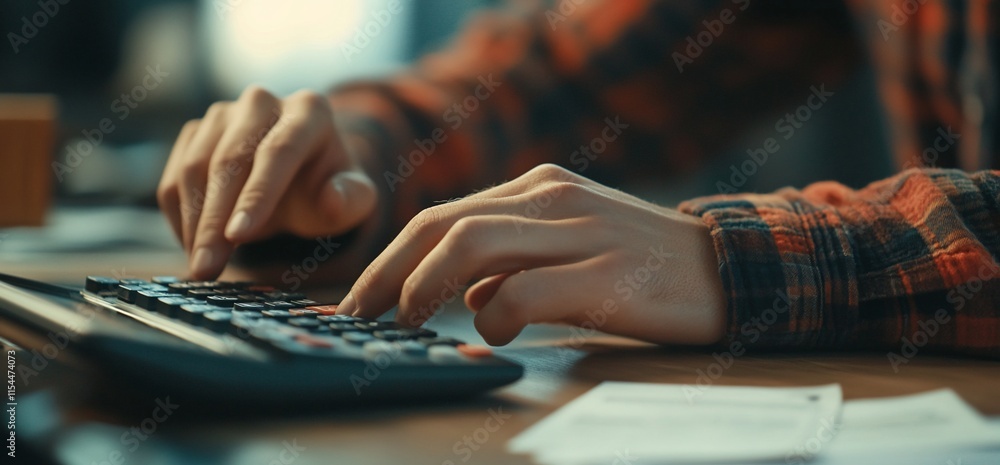 A close-up of hands using a calculator on a wooden desk with papers nearby. A close-up of hands using a calculator on a wooden desk with papers nearby.