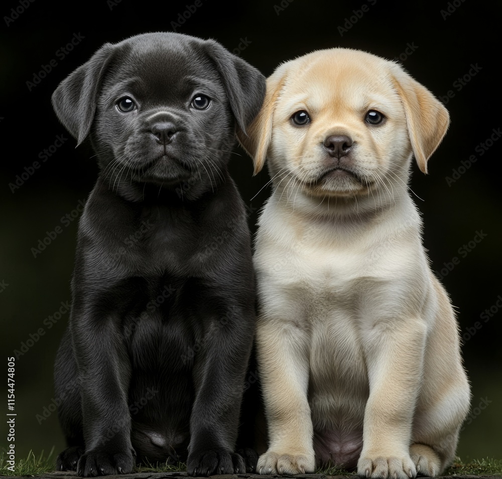 Obraz premium Labrador Retriever puppy sitting, domestic cat kitten sitting