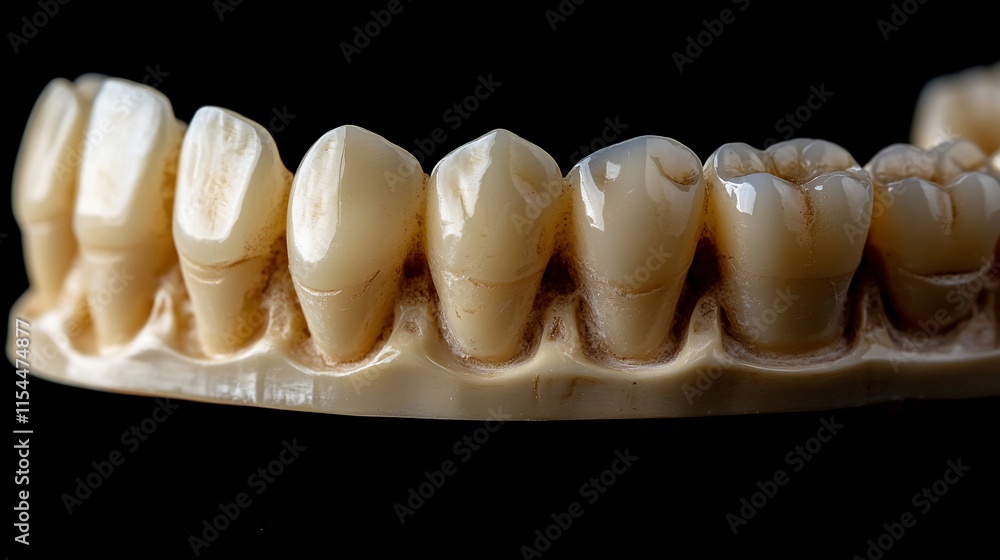 A close-up view of a dental model showcasing human teeth. A close-up view of a dental model showcasing human teeth.