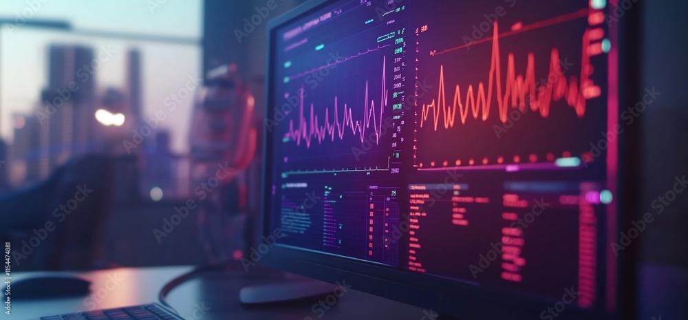 A close-up view of a computer screen displaying data analytics graphs. A close-up view of a computer screen displaying data analytics graphs.