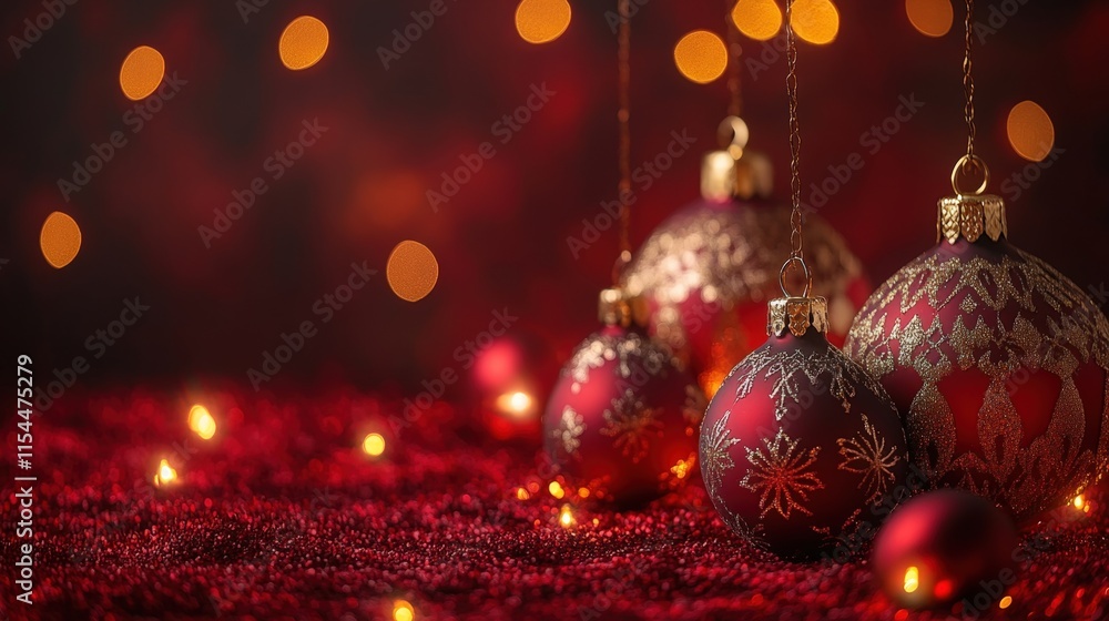 Red Christmas ornaments with bokeh lights on red glitter. Red Christmas ornaments with bokeh lights on red glitter.