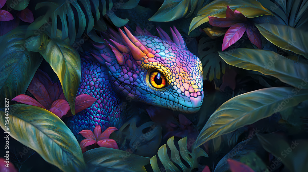 A fantastical creature with vibrant scales emerges from dense foliage. Draconian. Illustration A fantastical creature with vibrant scales emerges from dense foliage. Draconian. Illustration