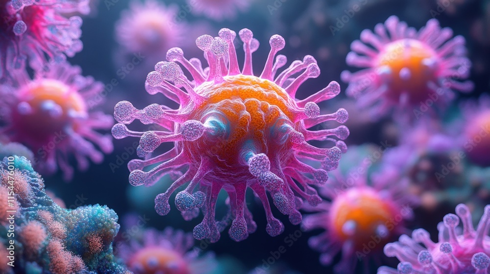 Obraz premium Microscopic view of viruses, detailed 3D render. (4)