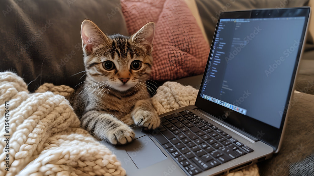 cat is sitting on the sofa, using a laptop computer cat is sitting on the sofa, using a laptop computer