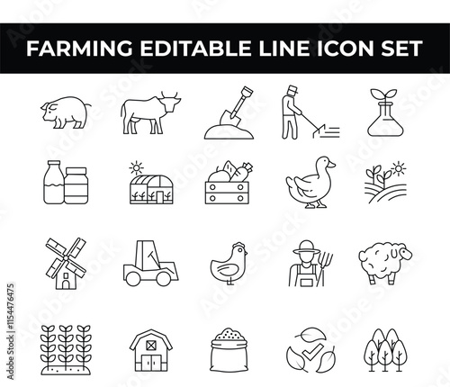 Farming Icon Set featuring editable line icons of crops, animals, tools, and farming equipment. Ideal for agricultural businesses, farming apps, brochures, and educational materials. Vector icons