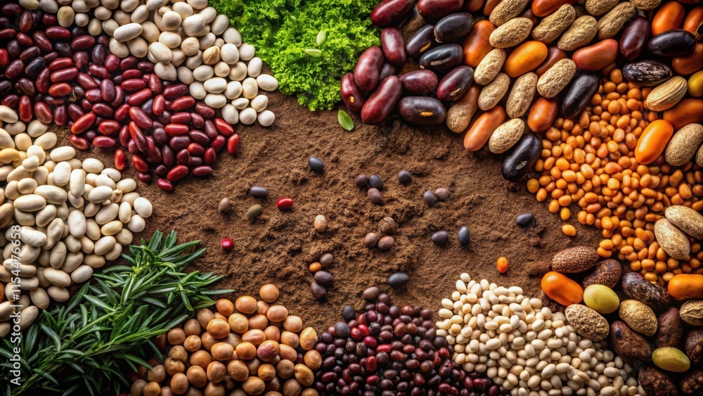 Obraz premium A colorful array of beans and legumes arranged in a circle around a patch of dark, rich soil, showcasing the diverse and essential nature of these nutrient-packed food sources.