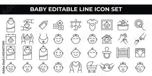 Baby Icon Set with editable line icons of baby care essentials, toys, strollers, and feeding items. For parenting websites, childcare apps, baby product branding, posters, and marketing designs.
