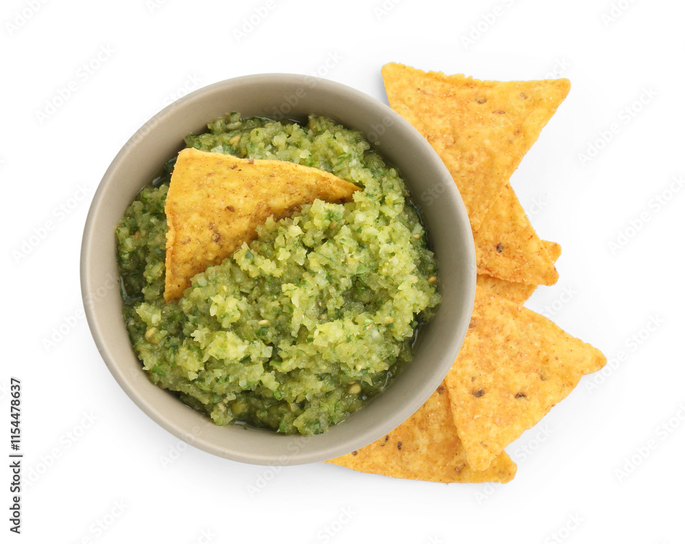 Delicious homemade green salsa with nachos isolated on white, top view Delicious homemade green salsa with nachos isolated on white, top view