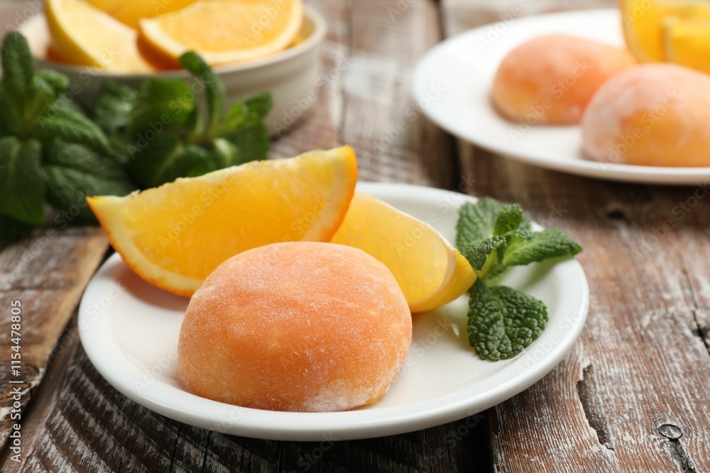 Plate with tasty mochi, cut orange and mint on wooden table, closeup Plate with tasty mochi, cut orange and mint on wooden table, closeup