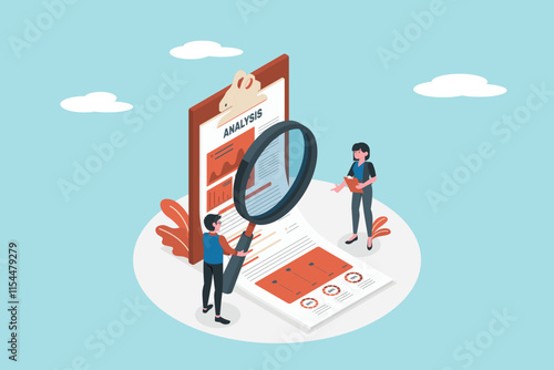 Data analysis concept illustration. People analyzing data with a magnifying glass, representing data analysis and decision making. photo