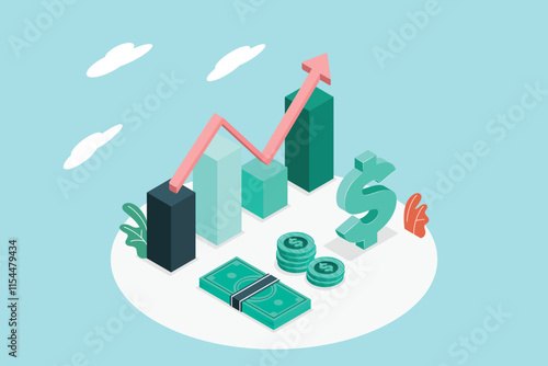 Financial success illustration. Isometric design depicting a rising graph, money, and a dollar sign, representing financial growth and investment