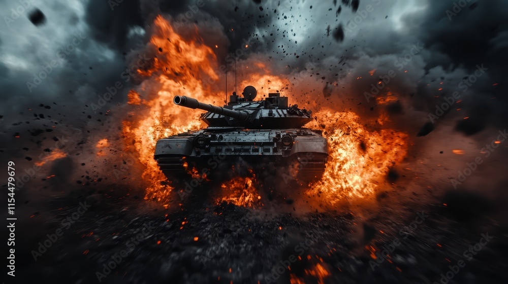 A robust military tank moves through a fiery explosion, surrounded by smoke and debris, capturing an intense scene of war, symbolizing defense and determination. A robust military tank moves through a fiery explosion, surrounded by smoke and debris, capturing an intense scene of war, symbolizing defense and determination.