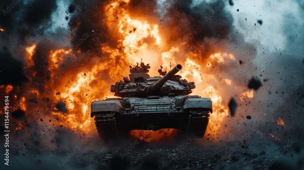 A tank is consumed by a blazing explosion, with flames and smoke engulfing it, creating a vivid and intense scene of destruction and military power.