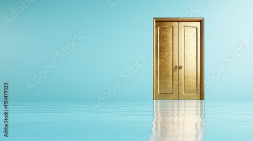 A stately golden door reflects elegantly upon a water surface, creating a scene of calm sophistication and a sense of mysterious, timeless allure.