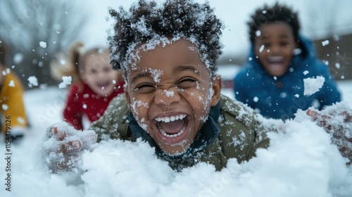 A group of happy children laughing exuberantly while playing in fluffy white snow, capturing the essence of childhood joy and winter fun amid snowy surroundings. photo