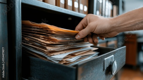 A person interacts with a stack of files within a rustic-looking wooden file drawer, showcasing effectiveness and comprehensive filing systems in an ordered office space.