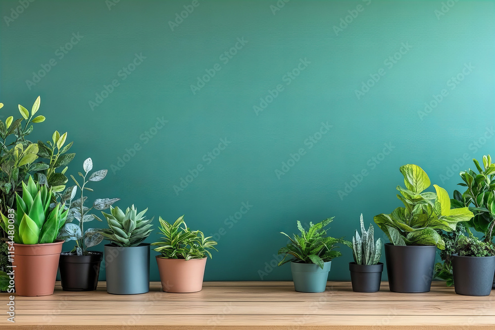 Stylish potted plants on wooden shelves against a green wall for interior design, home decoration, and botanical inspiration Stylish potted plants on wooden shelves against a green wall for interior design, home decoration, and botanical inspiration