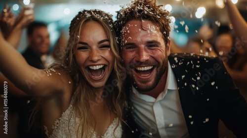 A luminous couple, brimming with joy, relishes in a celebratory confetti storm, their love and enthusiasm both infectious and beautifully captured in this moment.