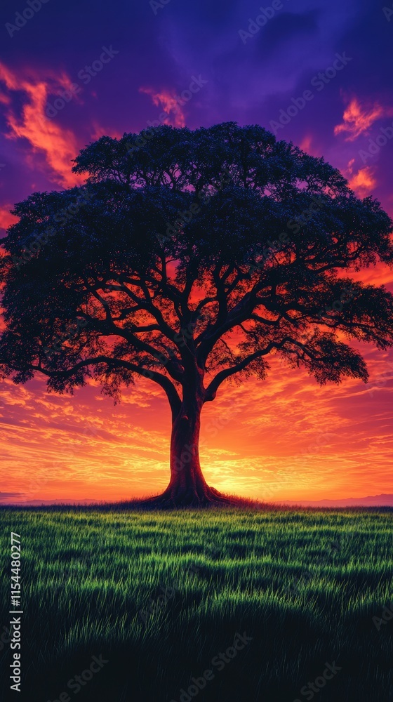 Mesmerizing Tree Silhouette Against Vibrant Sunset Sky with Fiery Orange and Purple Colors, Captivating Nature and Landscape Photography Aesthetic, Tranquil Scenery Mesmerizing Tree Silhouette Against Vibrant Sunset Sky with Fiery Orange and Purple Colors, Captivating Nature and Landscape Photography Aesthetic, Tranquil Scenery