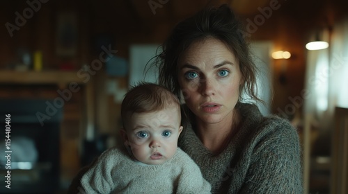 A mother and her child share a gaze in a rustic, cozy setting at home, evoking warmth and familial bonding surrounded by soft light and wooden textures. photo