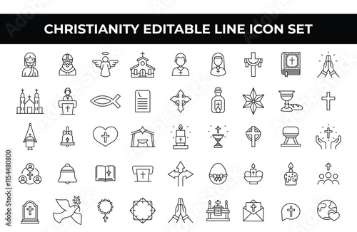 Christianity Icon Set featuring editable line icons of crosses, churches, Bibles, and religious symbols. Perfect for church branding, religious materials, event posters, and spiritual projects.