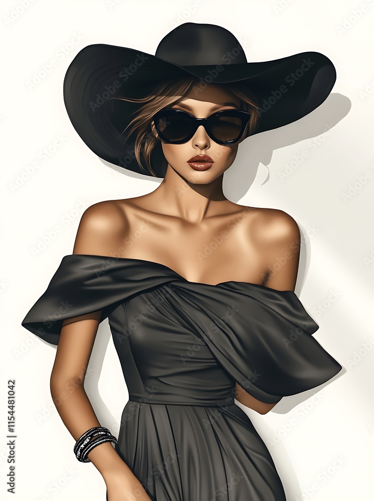 Elegant woman in a black dress and hat. Fashionable and stylish concept. Elegant woman in a black dress and hat. Fashionable and stylish concept.