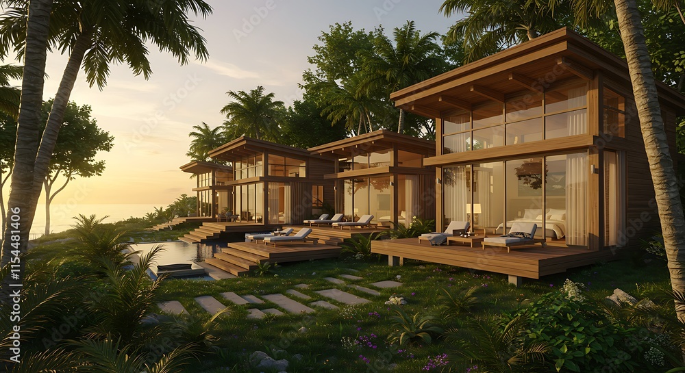 Fototapeta premium Luxury Tropical Villas Sunset Oceanfront Resort
