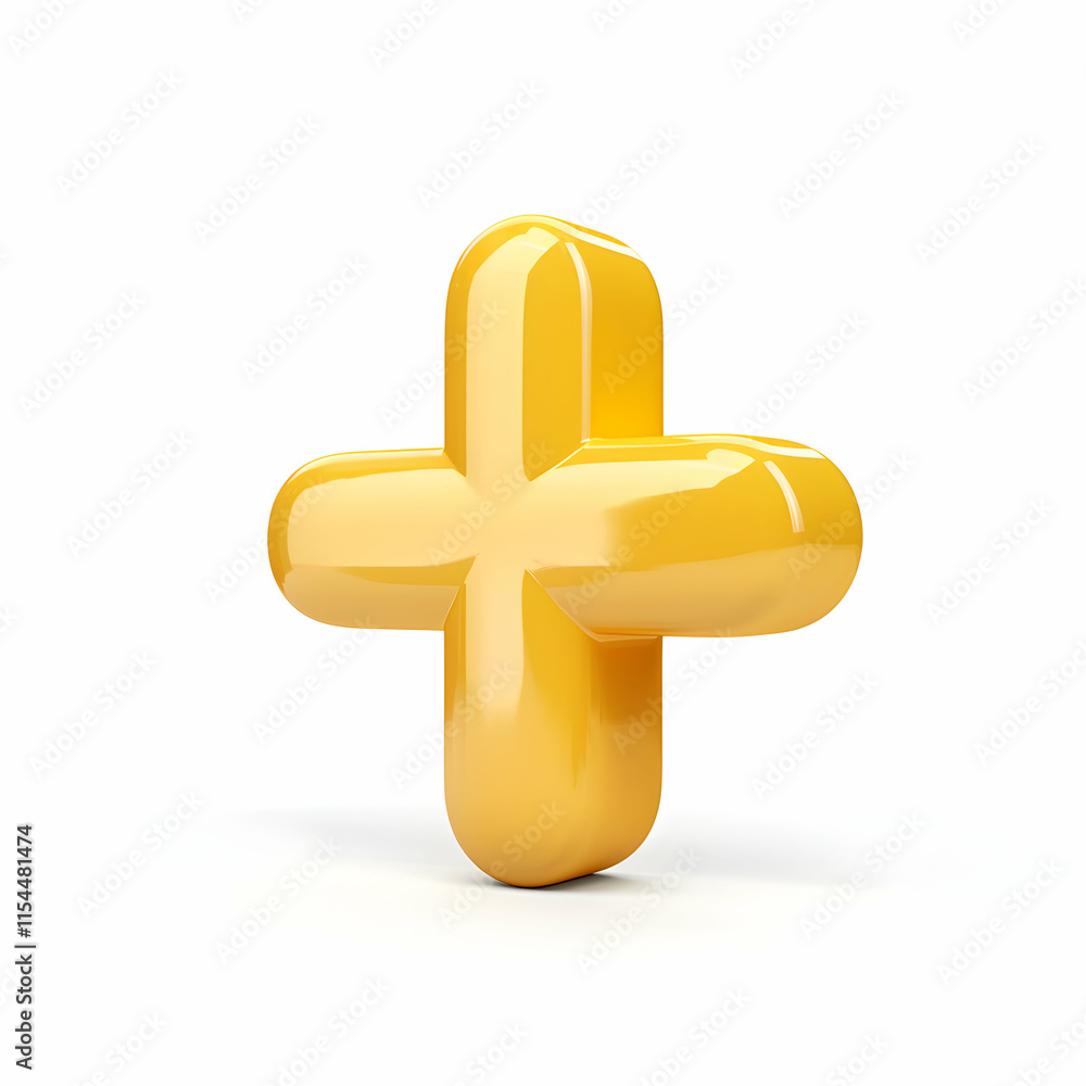 Fototapeta premium Bright Yellow Plus Symbol in 3D with Smooth Shiny Surface