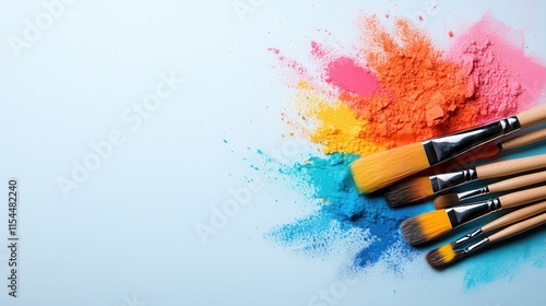 A collection of artist brushes are laid out on a white surface with vibrant powders scattered, representing creativity, diversity, and artistic exploration. photo