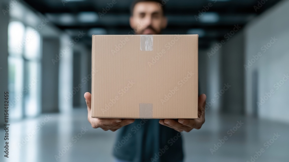 A person extends a cardboard box forward, inside what appears to be a large, well-lit room, conveying ideas of shipping, packaging, and modern commerce solutions. A person extends a cardboard box forward, inside what appears to be a large, well-lit room, conveying ideas of shipping, packaging, and modern commerce solutions.