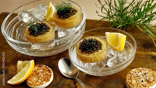 Gourmet Caviar Appetizer Luxury Food Dish with Elegant Bowls, Lemon, and Herbs Generative Ai