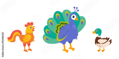 Colorful cartoon birds standing together in a playful arrangement