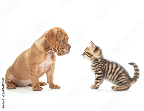 Bengal kitten and Bordeaux puppy dog playing together, framed alone