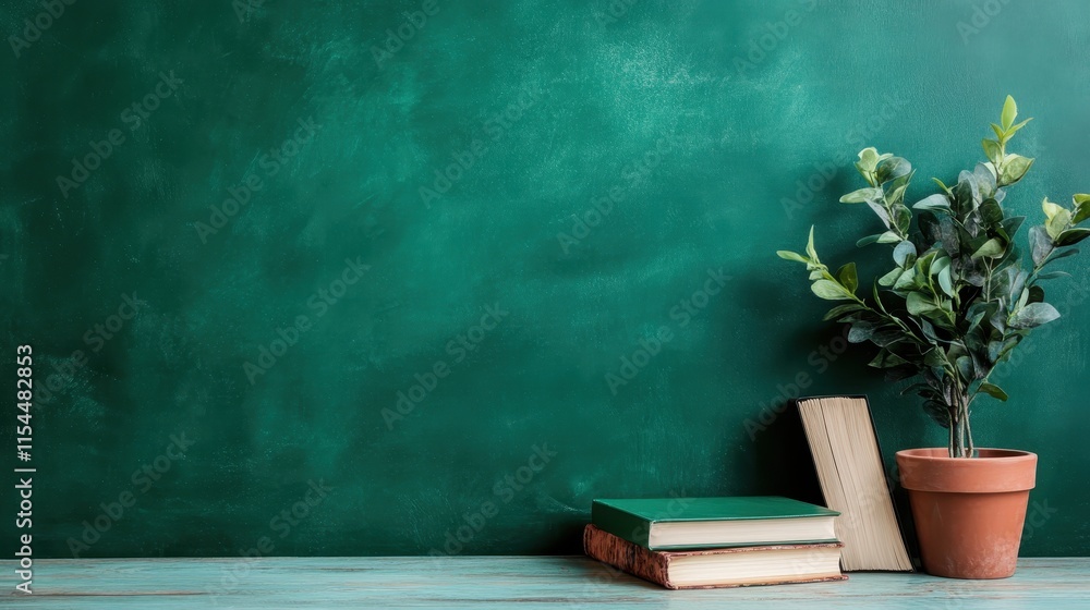 Books with a potted plant are creatively placed against a green chalkboard, mixing learning and nature, with an artistic focus on the calming educational atmosphere. Books with a potted plant are creatively placed against a green chalkboard, mixing learning and nature, with an artistic focus on the calming educational atmosphere.