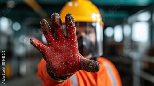 A construction worker in vibrant safety gear, extending a glove-covered hand in a gesture of warning or stop, highlighting safety and caution on site. photo