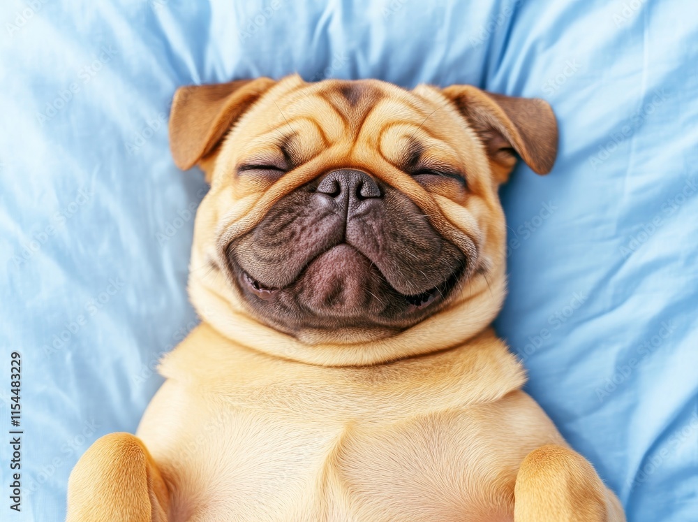 The cute pug dozes off in bed, swaddled in a blanket, with its tongue slightly hanging out during relaxing hours The cute pug dozes off in bed, swaddled in a blanket, with its tongue slightly hanging out during relaxing hours