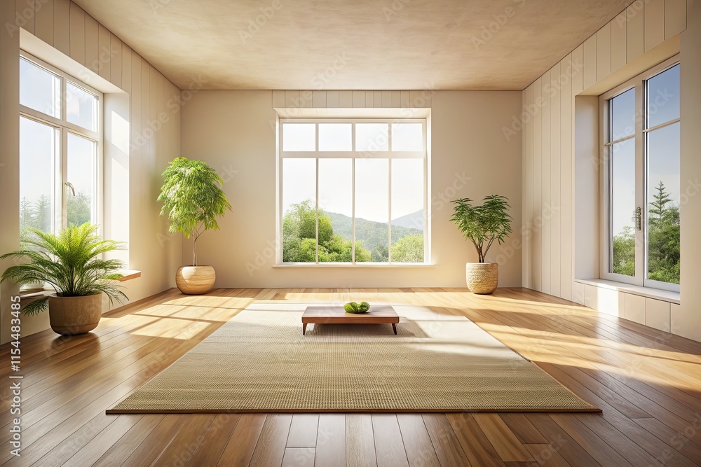 Fototapeta premium Panoramic serenity: minimalist meditation room, peaceful Zen ambiance, calm interior design.