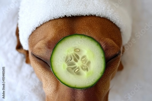 The black and tan dachshund, calm from its spa facial with cucumber, is enveloped in a towel photo