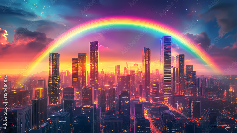 Obraz premium synthwave cityscape with neon brilliance and a colorful rainbow creating a stunning futuristic scene over the urban sprawl. Brilliance. Illustration