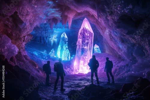 A blockbuster movie poster of deep earth geologists discovering crystal caverns, prismatic lighting, underground adventure photo