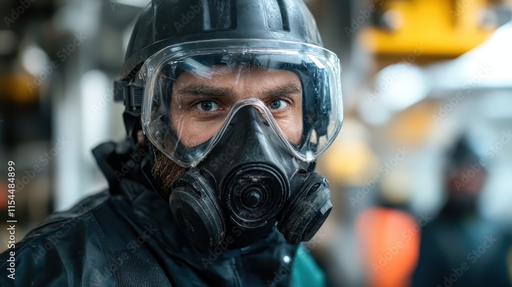 A plant worker in protective gear, including a gas mask, displays a serious expression, showcasing readiness and caution in a potentially hazardous environment. A plant worker in protective gear, including a gas mask, displays a serious expression, showcasing readiness and caution in a potentially hazardous environment.