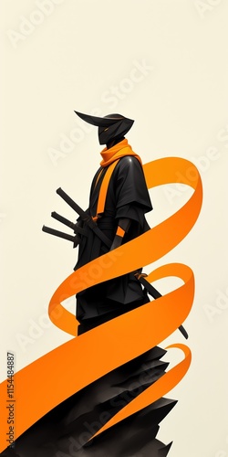 Futuristic Ninja Warrior Wrapped in Vibrant Orange Ribbon Digital Illustration Modern Design for Mobile Wallpaper Minimalist Artwork photo