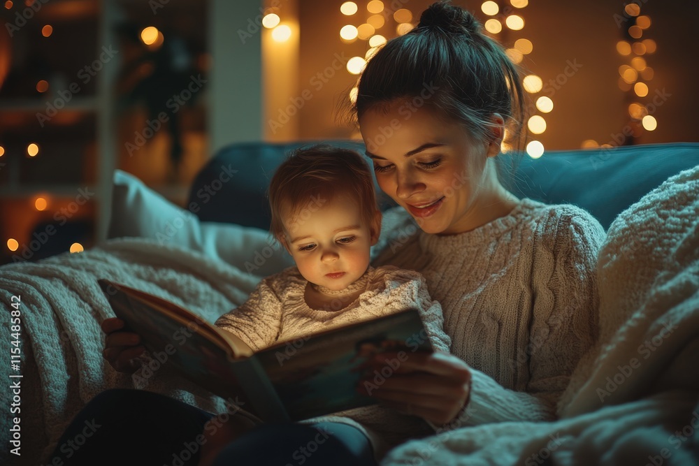 Mother and toddler daughter reading book together at night, cozy home scene. Mother and toddler daughter reading book together at night, cozy home scene.
